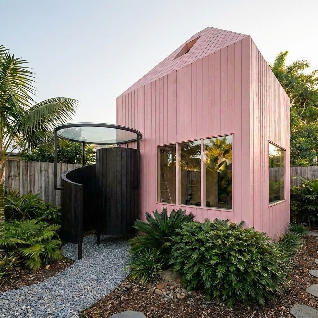 The Charm Bracelet residential ADU clad in pink with outdoor soaking tub